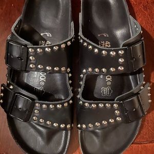 Birkenstock Black Leather Studded Slides